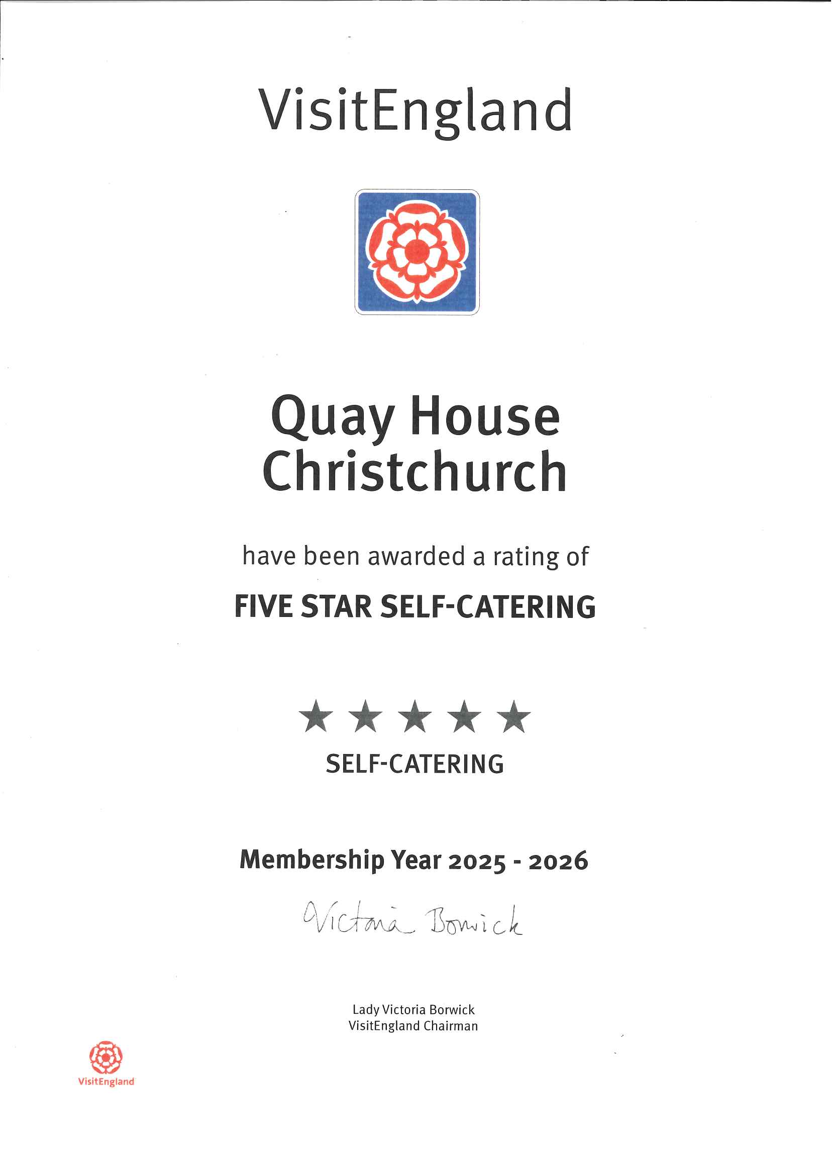 Certifcate for a 5 star award for Quay House 25 to 26