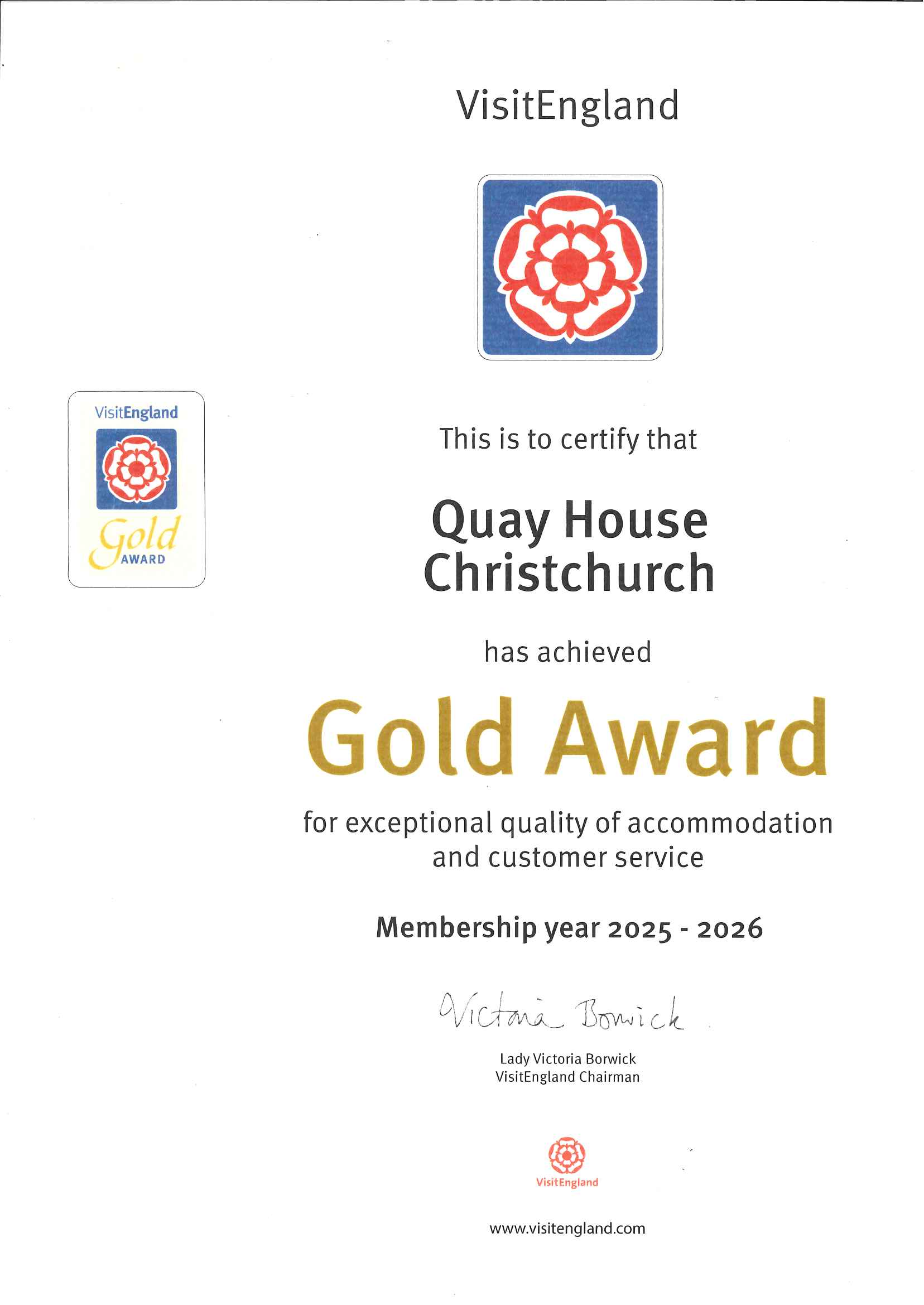 Certifcate for a 5 star award for Quay House 25 to 26