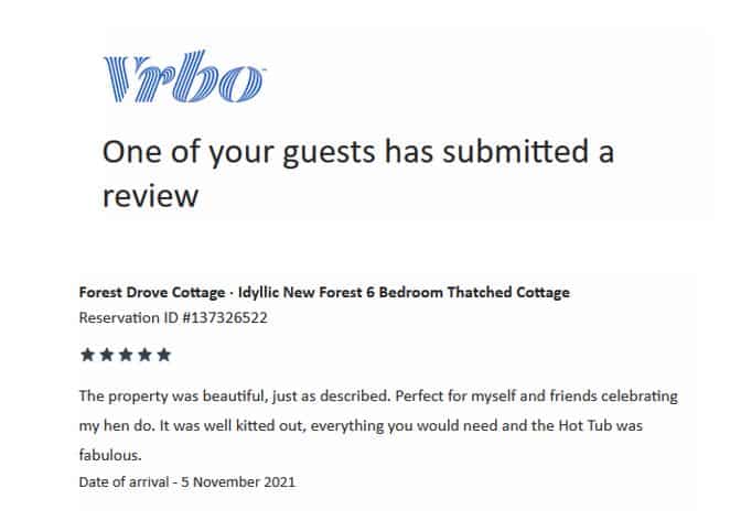 5 star VRBO review for Forest Drove Cottage