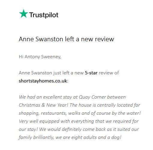 5-star Trustpilot review at Quay Corner, December 2021