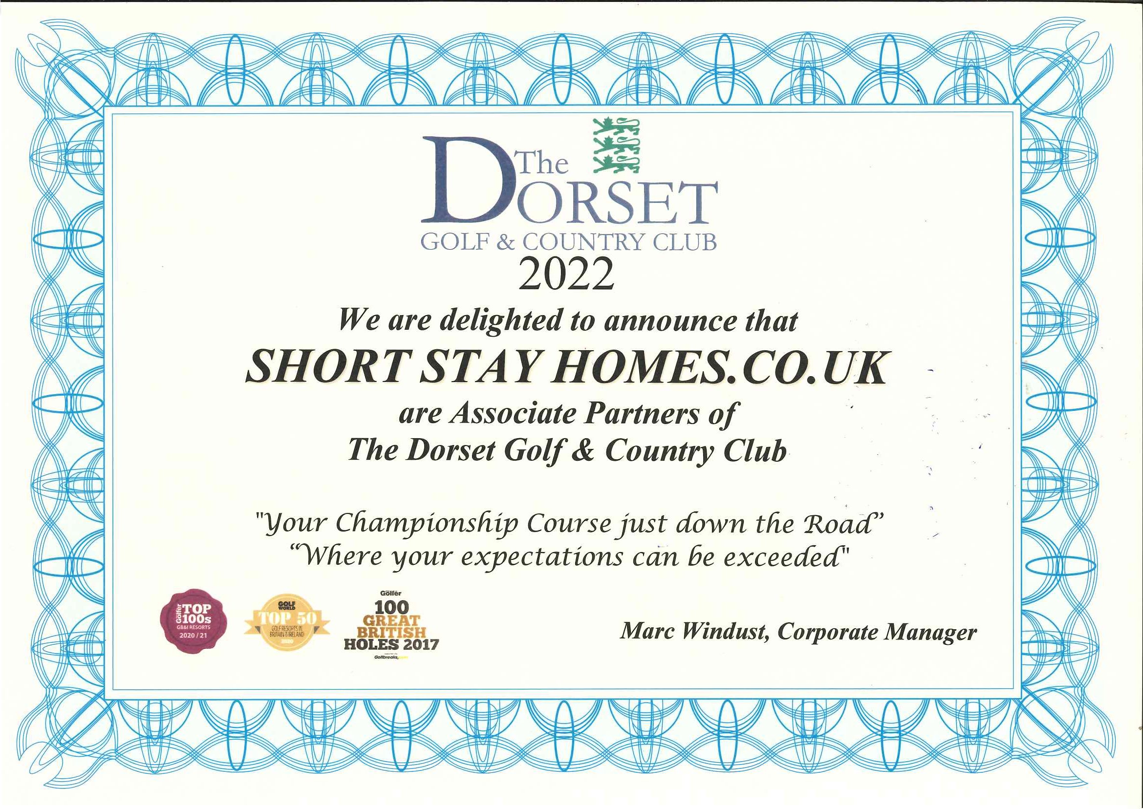 Certificate of Associate partnership with Dorset Golf and Country Club
