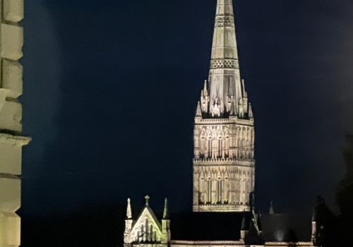 Salisbury Cathedral at night from Osmund House