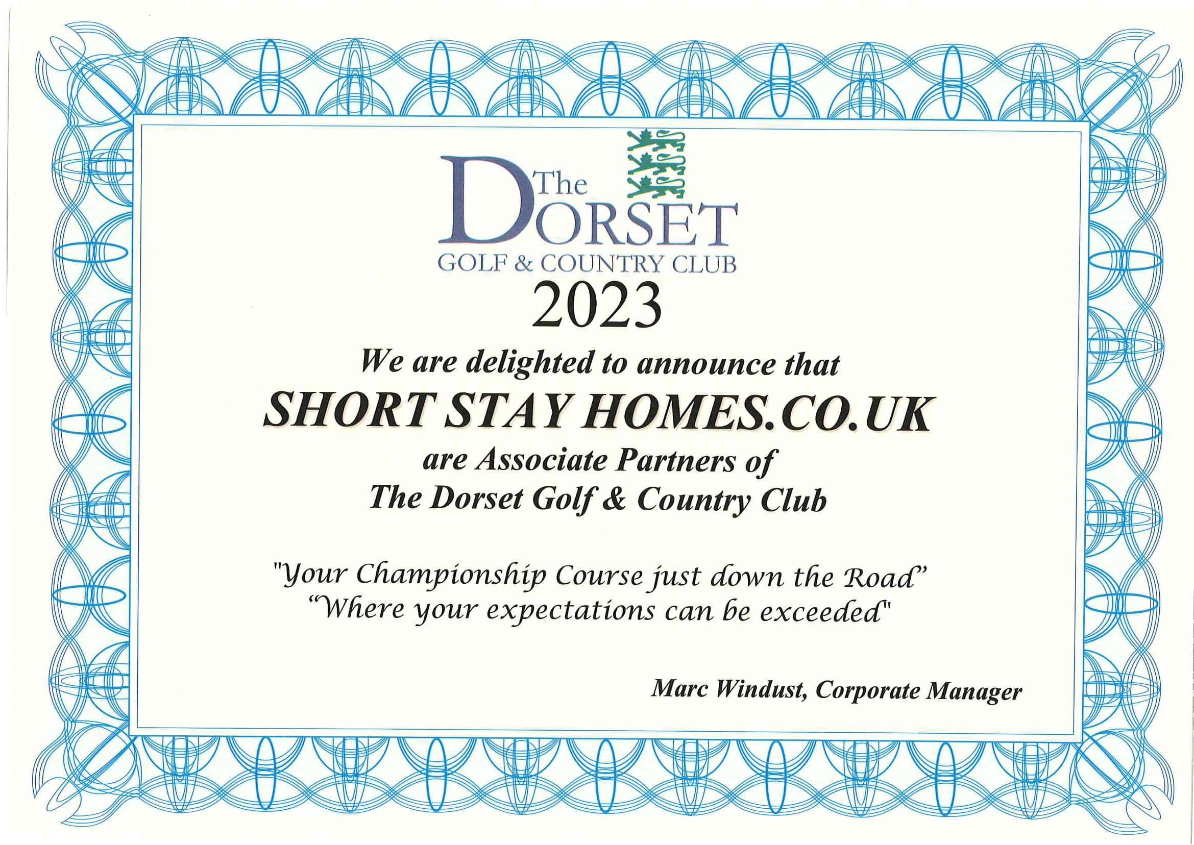 Dorset Golf and Country Club 2023 certificate