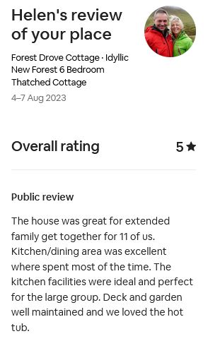 five-star review of Forest Drove cottage.