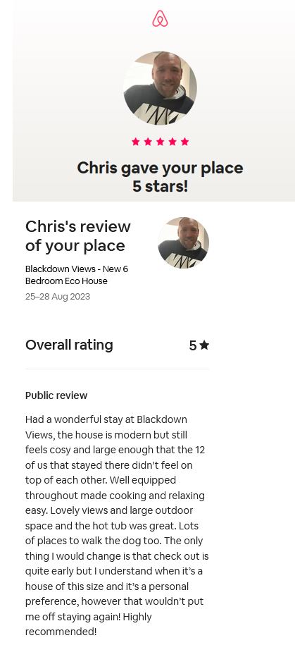 Wonderful stay at Blackdown Views, Devon. 5-star Airbnb Review.