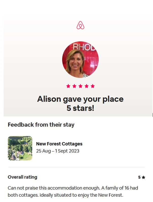 AirBnb 5-star review of the New Forest Cottages, Mews Hill and Criddlestyle Cottage
