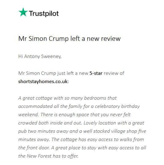A 5-star Trustpilot review of Beck Cottage in the New Forest