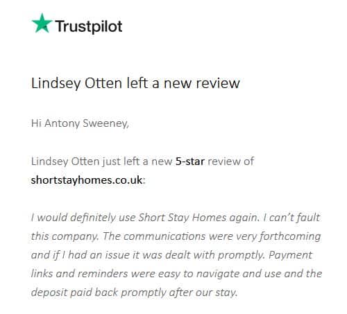 Great review for Short Stay Homes service December 2023