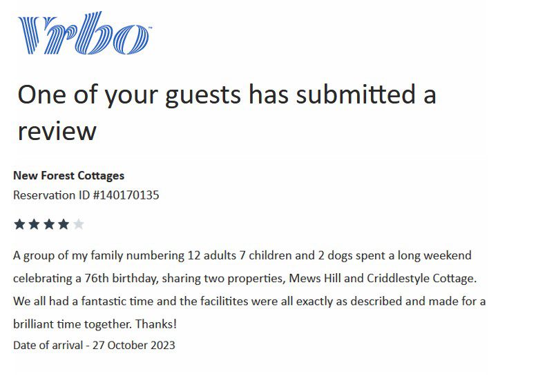 Brilliant Time together. four-star review of New Forest Cottages.