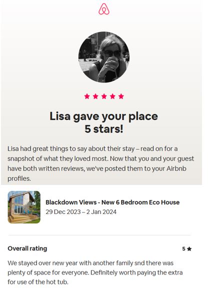 Five-star Airbnb review of Blackdown Views in devon. There was space all 12 guests.