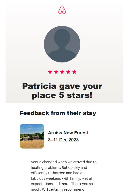 Five-star airbnb review for Arniss in New Forest