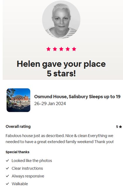 five-star review on Airbnb of Osmund House Salisbury.