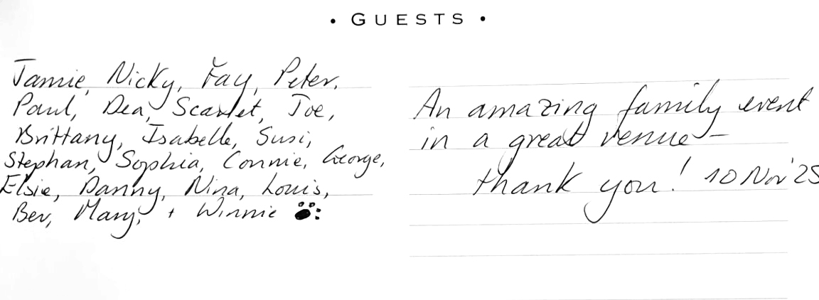 Hand written guest book comment including Winnie's paw print
