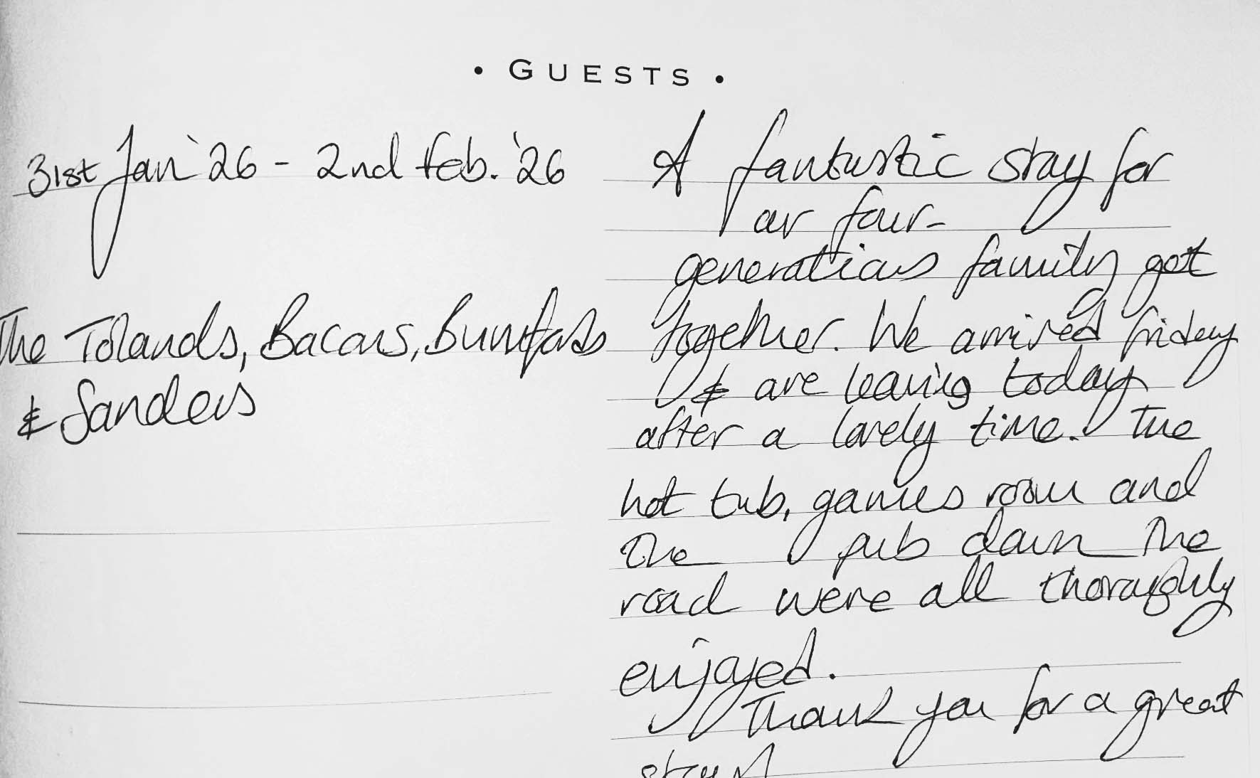 Guest book review detailing a fantastic stay at Beck Cottage in February 2026