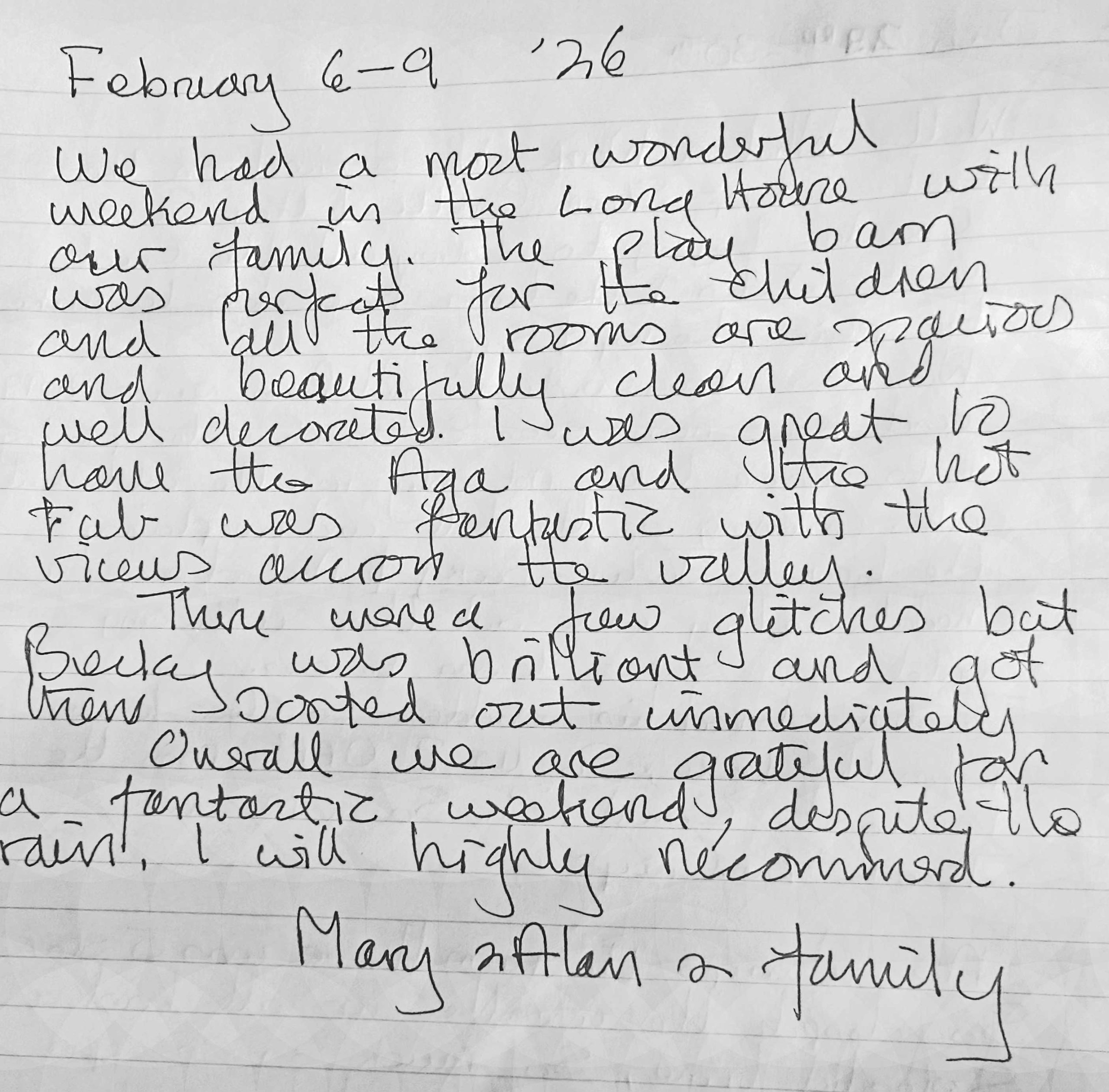 Hand written guest book comment for our Devon Long House in Blackborough