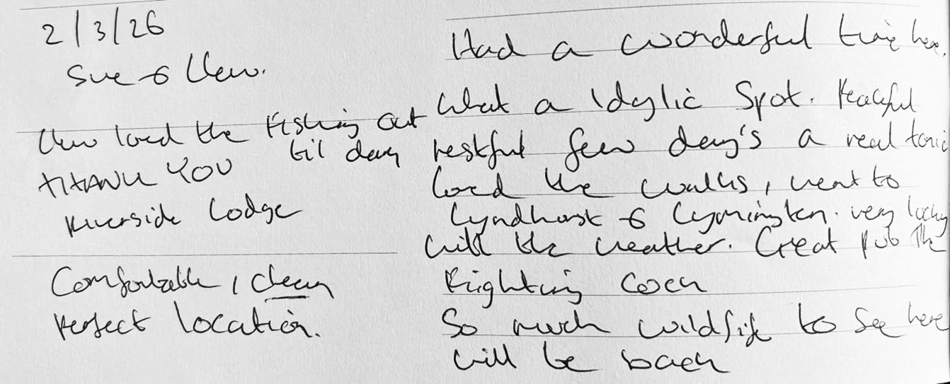 Guest book comment for the Riverside Lodge hand written